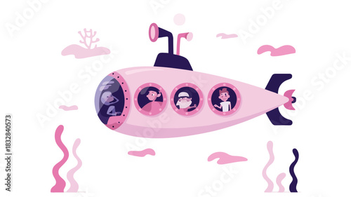 Whimsical submarine explores colorful coral reef with diverse marine life and bubbles