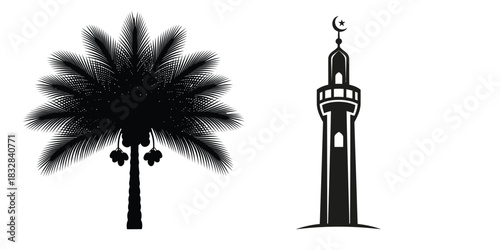 Silhouette of date palm tree and minaret tower with crescent moon