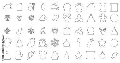 Editable stroke, A massive set of 50 Christmas line icons. vector outlines, Digital stamps. Simple thin line symbols of winter items isolated on white. A comprehensive graphic elements pack for design
