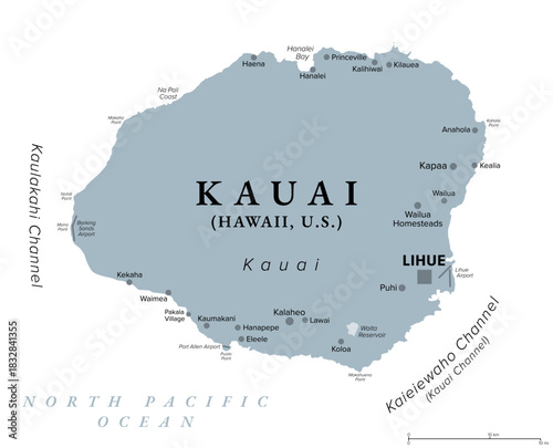 Kauai, one of the main Hawaiian Islands, United States, gray political map, with capital Lihue. 4th-largest island of state of Hawaii in the North Pacific Ocean, nicknamed Garden Isle. Isolated vector