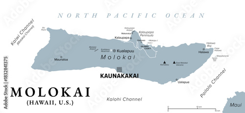 Molokai, Hawaii, gray political map with largest town Kaunakakai. Part of the Hawaiian Islands and 5th-largest island of the state of Hawaii, United States, in the North Pacific Ocean. Isolated vector
