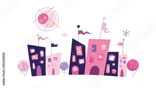 Whimsical nighttime cityscape illustration with diverse buildings and vibrant colorful lights perfect for fantasy themes