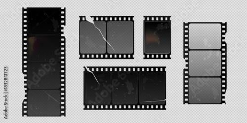Film strip frame with vintage cinema reel texture - realistic photo negative roll with cracked borders. Retro movie filmstrip vector template of transparent 35mm camera tape for photography collage.