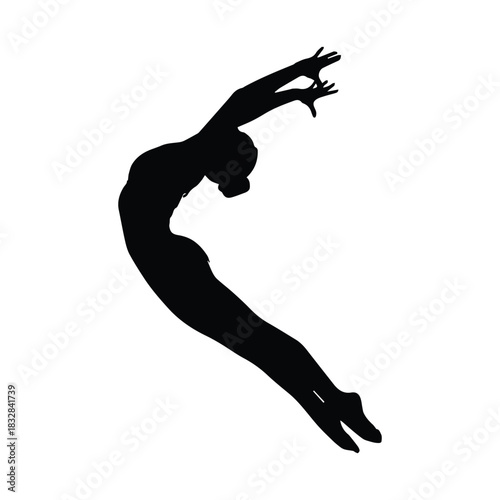 Graceful female gymnast in mid air performing a dynamic acrobatic silhouette