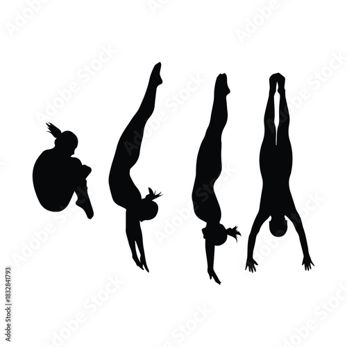 Sequence of a person performing a gymnastic flip and handstand silhouette