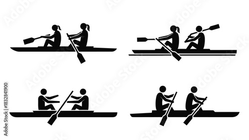 Black silhouettes of individuals and pairs rowing in canoes and kayaks, illustrating water sports and recreational activities