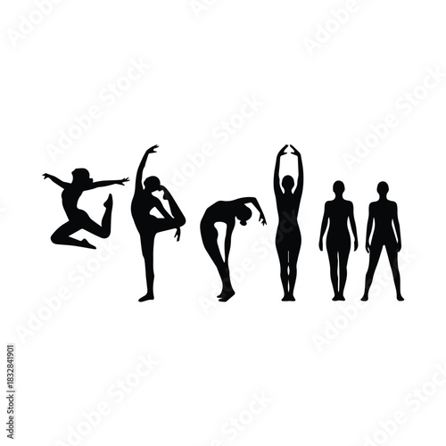 Collection of diverse female figures in dynamic dance and yoga poses silhouette