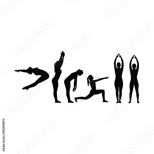 Sequence of yoga poses demonstrating flexibility and strength silhouette
