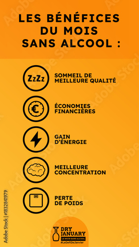 Infographie sur les avantages du Dry January : sommeil de meilleure qualité, économies, énergie, concentration, perte de poids. Visuel informatif pour prévention alcool, santé et bien-être.