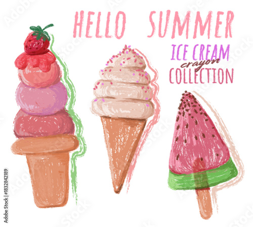 Ice cream crayon illustration collection with gelato and popsicle doodles. Chalk style summer dessert sketches of cones, frozen treats on chalkboard texture. Vintage hand drawn food vector art.