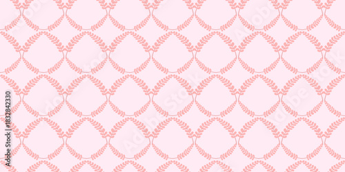 Soft and feminine seamless pattern featuring interlocked botanical wreaths in a light coral pink on a delicate blush background, ideal for baby shower, wedding, or digital paper.