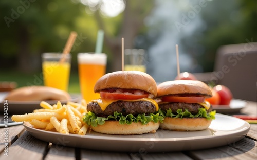Backyard BBQ  Summer Fun  Burgers  Friends  Drinks  Outdoor Party. High quality