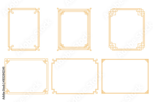 Gold asian Korean traditional frames, line borders with knot corners ornament. Decoration border, divider for banner, certificate.