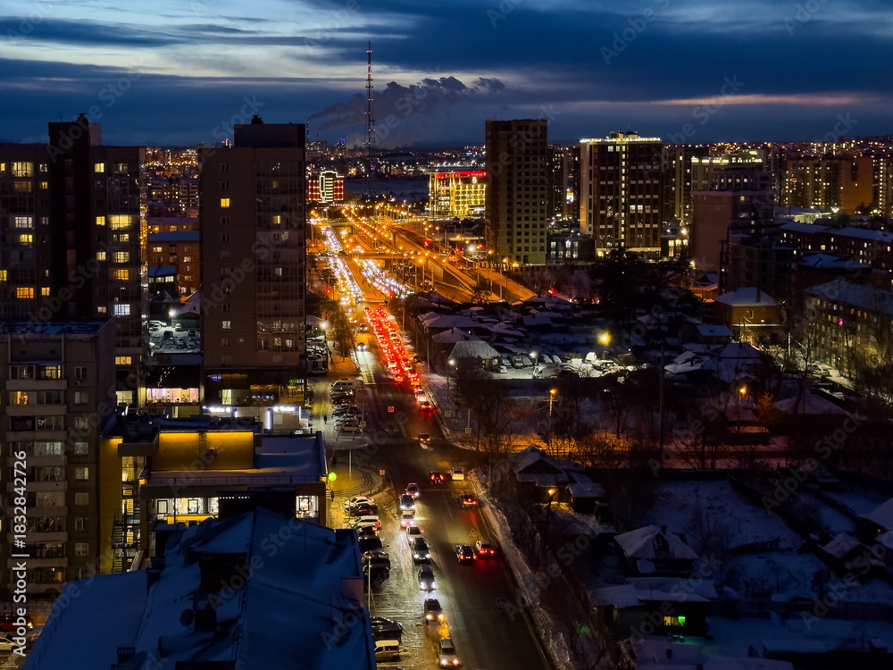 Fototapeta premium Top view of the city of Irkutsk at night