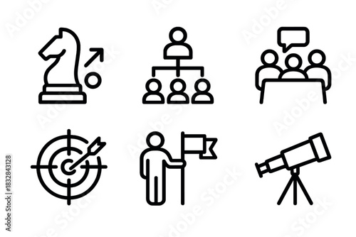 Business strategy icons: chess knight, leadership, meeting, target, flag, telescope