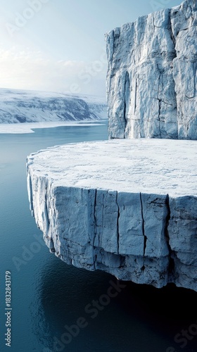 A dramatic landscape featuring a large ice cliff overlooking a body of water. The scene is cold and serene.