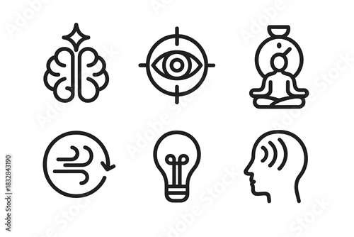 Icons of mindfulness: meditation, focus, brain, relaxation, insight
