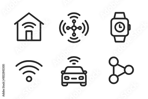 Smart technology icons featuring home automation, wearable devices, and connectivity symbols