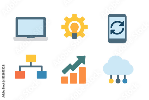 Digital technology icons: laptop, gear, smartphone, hierarchy, growth, cloud
