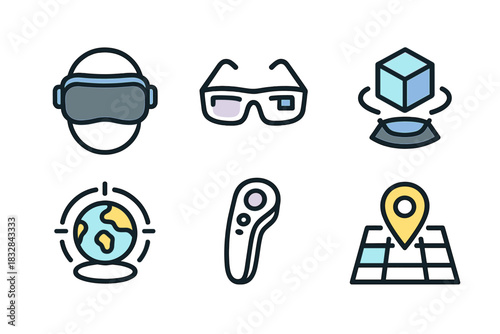 Virtual reality icons: headset, glasses, cube, globe, controller, map marker