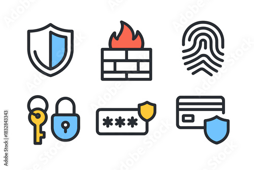 Security icons featuring shield, firewall, fingerprint, key, lock, password, credit card