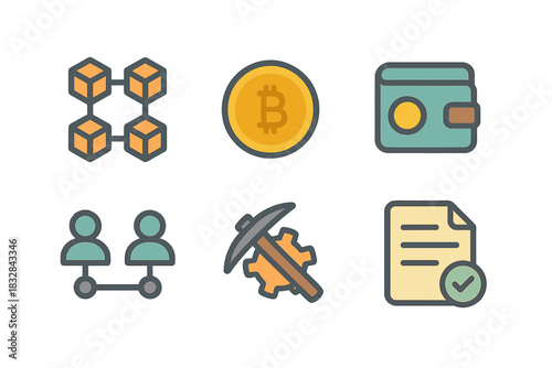 Blockchain and cryptocurrency icons featuring bitcoin, wallet, mining, and smart contracts