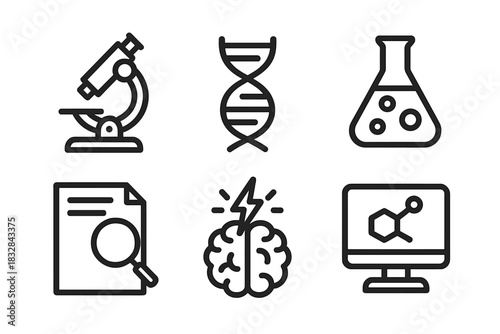 Science icons: microscope, dna, flask, research, brain, computer