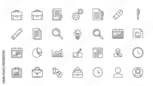 Collection of Minimalist Office Icons for Business and Productivity Design
