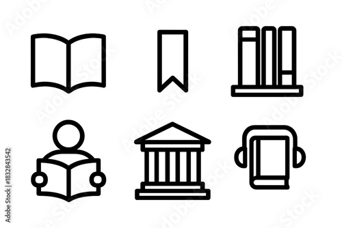 Library icons: books, bookmark, shelf, reader, building, audiobook headphones