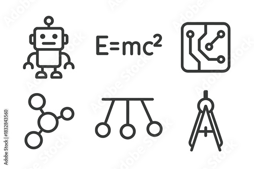 Science and technology icons: robot, equation, circuit, molecule, balance, compass