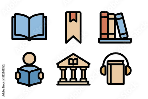 Library icons: books, bookmark, shelves, reader, building, audiobook symbols