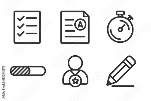 Minimalistic icons of checklist stopwatch progress bar medal and pencil on dark background