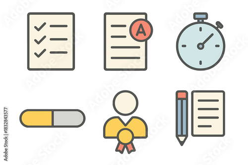 Educational icons featuring checklist, graded paper, stopwatch, medal, pencil, document