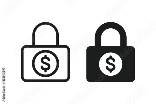 Lock dollar money icon. Dollar padlock security icon. Fixed income. Price stability and budget lock icons. Locked money icon
