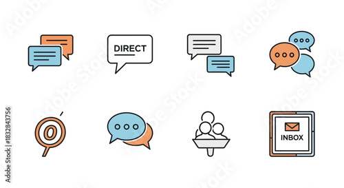Modern Flat Design Communication Icon Set for Digital Marketing and Business Interaction, Illustrating Messaging, Inbox, and Lead Generation Concepts