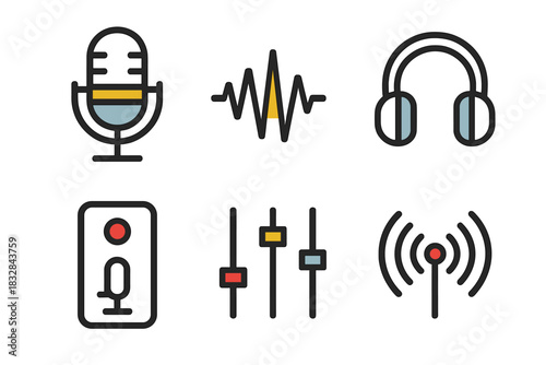 Colorful audio equipment icons: microphone, soundwave, headphones, recording, mixer