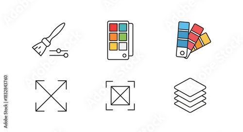 Digital creation tool icon pack with brush, color swatches, scale, crop, and layer symbols for UI design