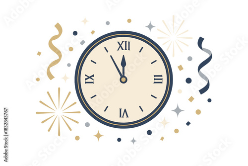 Midnight countdown: festive clock with roman numerals and party decorations