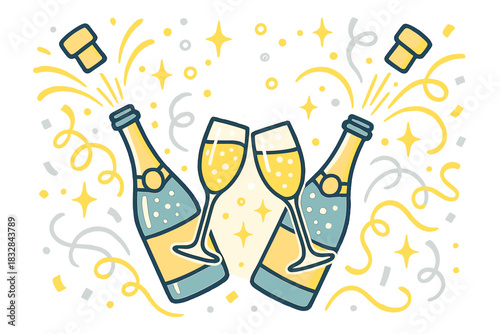 Champagne celebration with popping bottles and toasting glasses on festive background