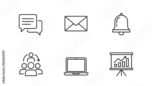 A collection of essential outline icons representing modern digital communication, business analytics, technology, and collaborative teamwork for various applications