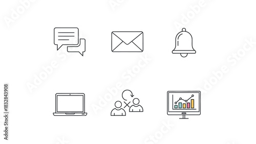 Collection of communication and business icons, including chat, email, notification, laptop, people, and analytics