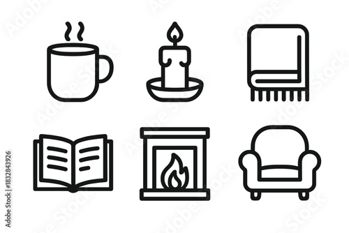 Cozy home icons: mug, candle, blanket, book, fireplace, armchair