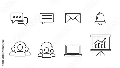 Collection of modern thin line icons for business communication, teamwork, and data analytics presentation