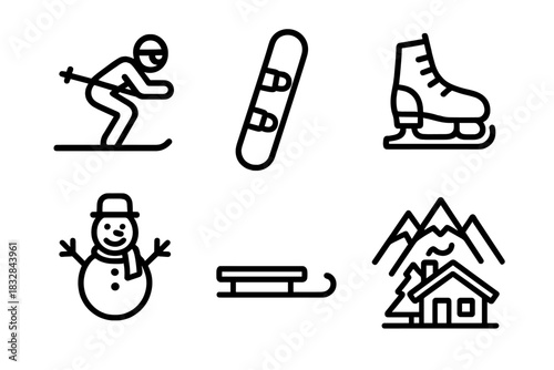 Winter sports and activities icons: skiing, snowboarding, ice skating, snowman, sledding, chalet