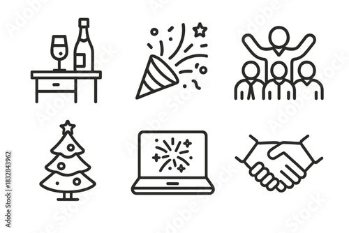 Celebration icons featuring party, wine, confetti, christmas tree, and laptop fireworks