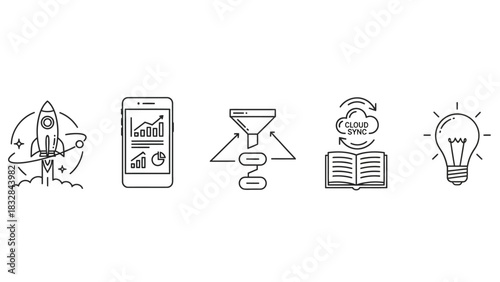 Collection of startup and business growth icons rocket launch, analytics, funnel, cloud computing, and idea generation