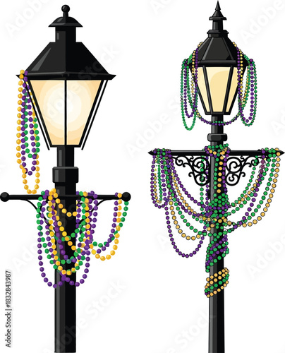 Mardi Gras Lamppost with Colorful Beads Vector