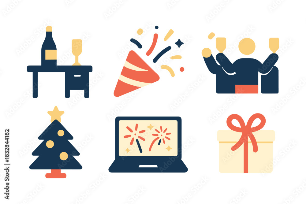 Fototapeta premium Festive celebrations: party icons featuring tree, gift, and more