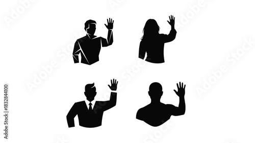 Silhouettes of diverse people waving hello or goodbye, raising their hands in greeting or farewell