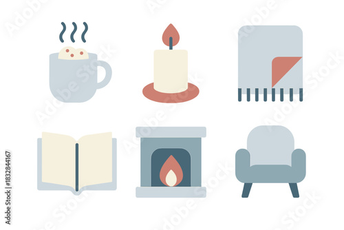 Cozy icons: hot drink, candle, notebook, book, fireplace, armchair